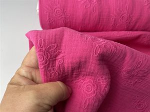 Gauze - florlet dobbelt gauze broderi med blomster i pink